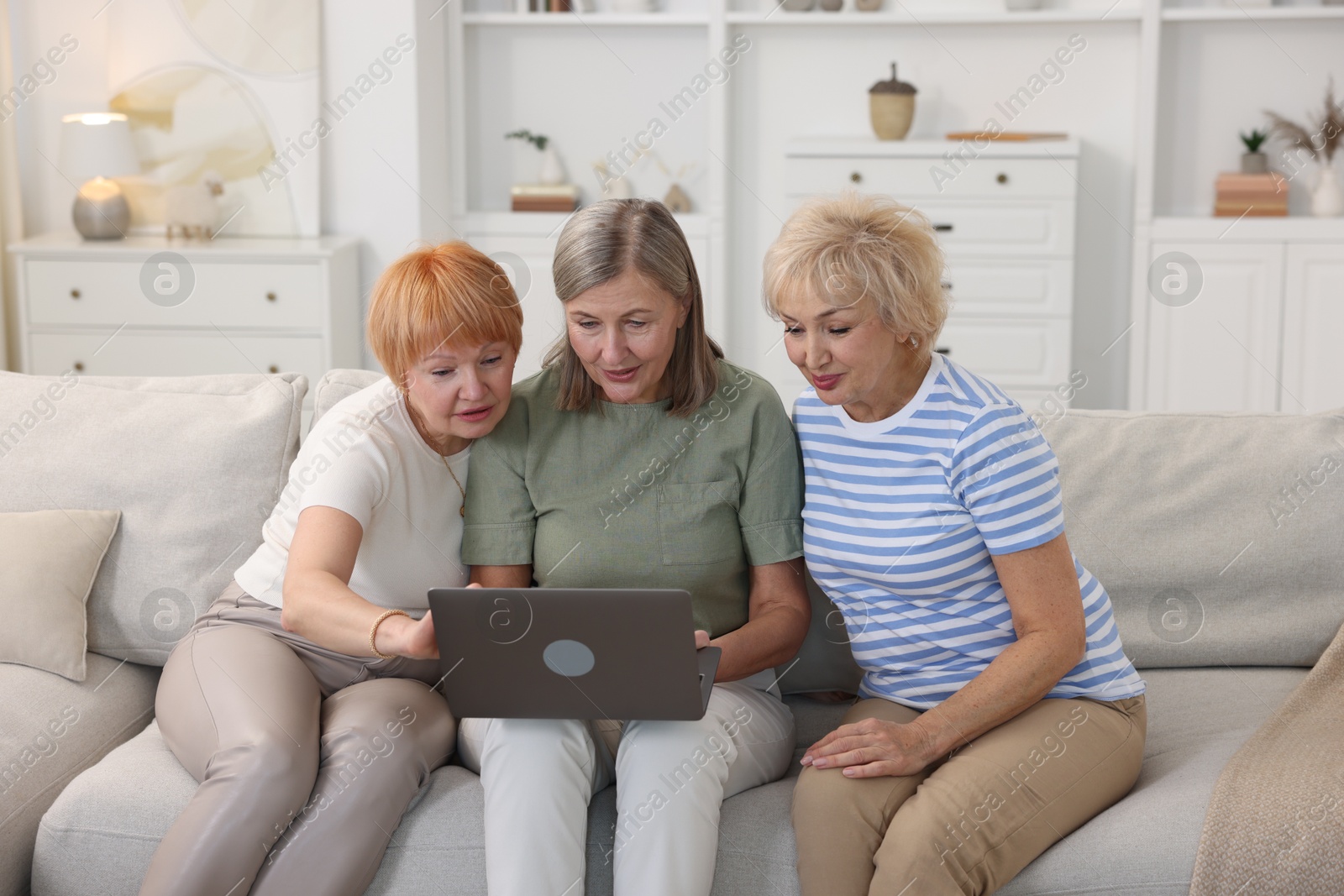 Photo of Friendship. Senior women watching something on laptop at home