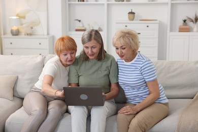 Friendship. Senior women watching something on laptop at home