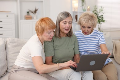 Friendship. Senior women watching something on laptop at home