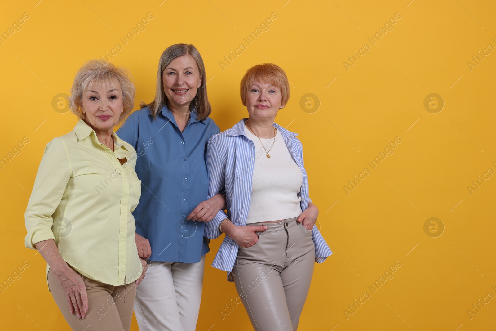 Photo of Friendship. Portrait of senior women on orange background, space for text