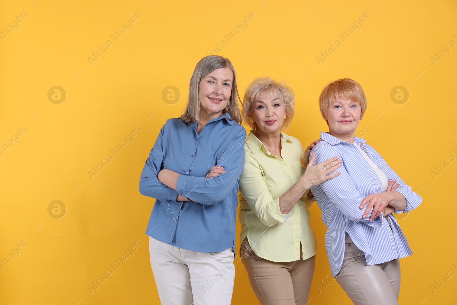 Photo of Friendship. Portrait of senior women on orange background, space for text