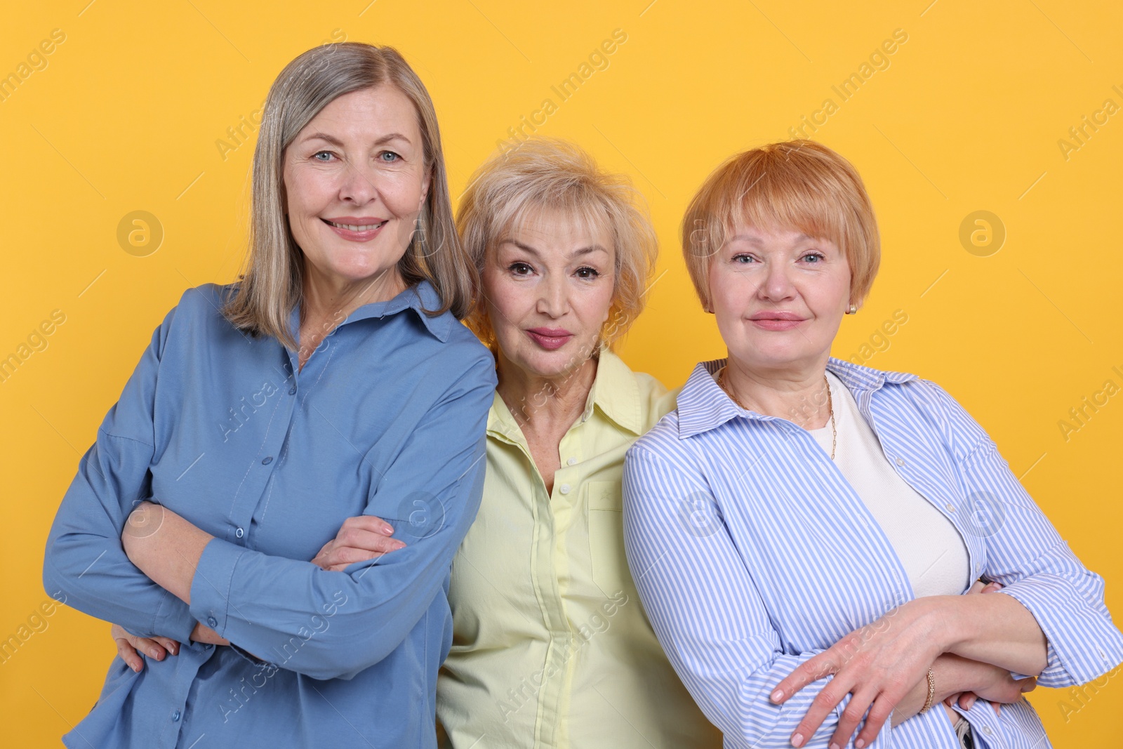 Photo of Friendship. Portrait of senior women on orange background