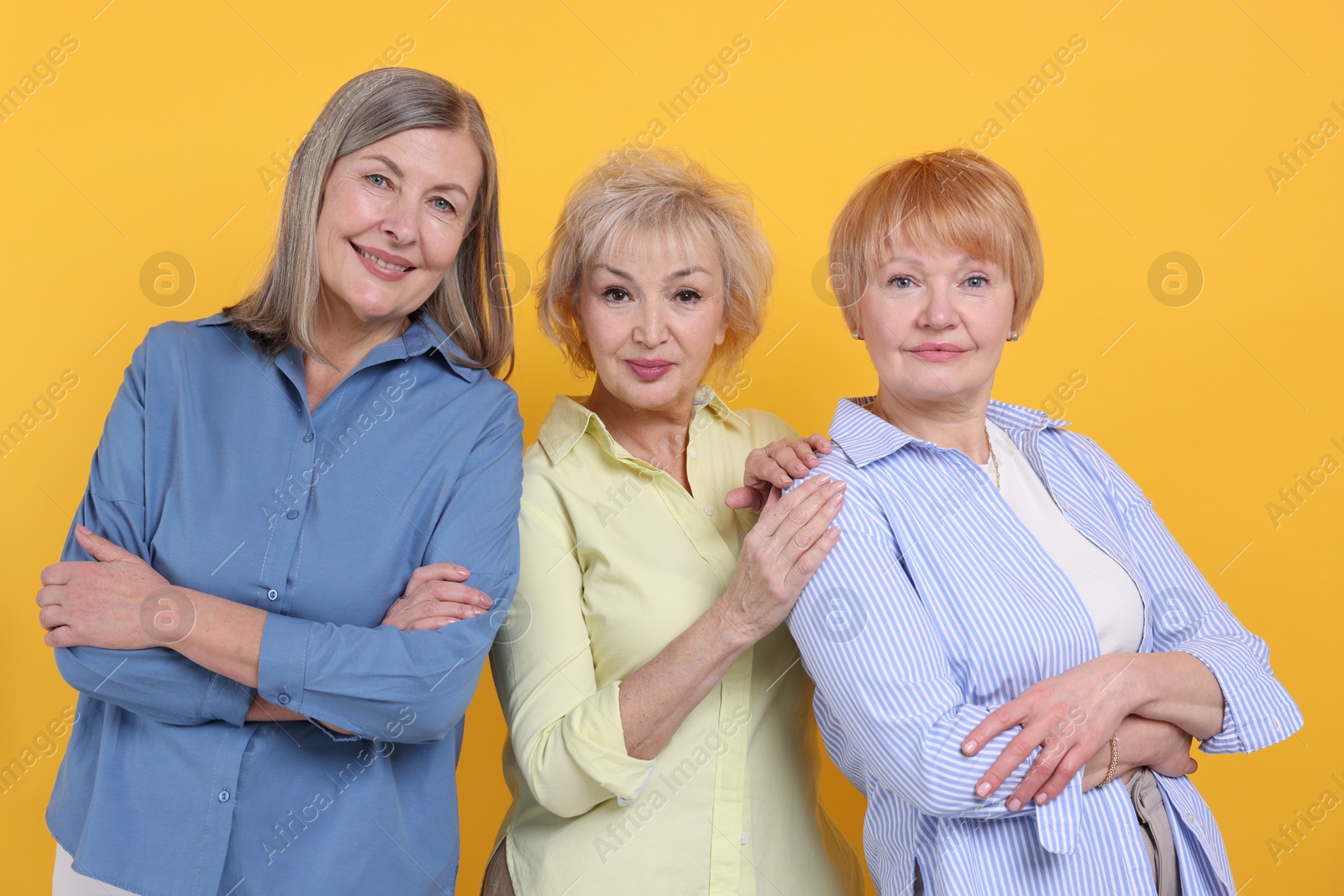 Photo of Friendship. Portrait of senior women on orange background