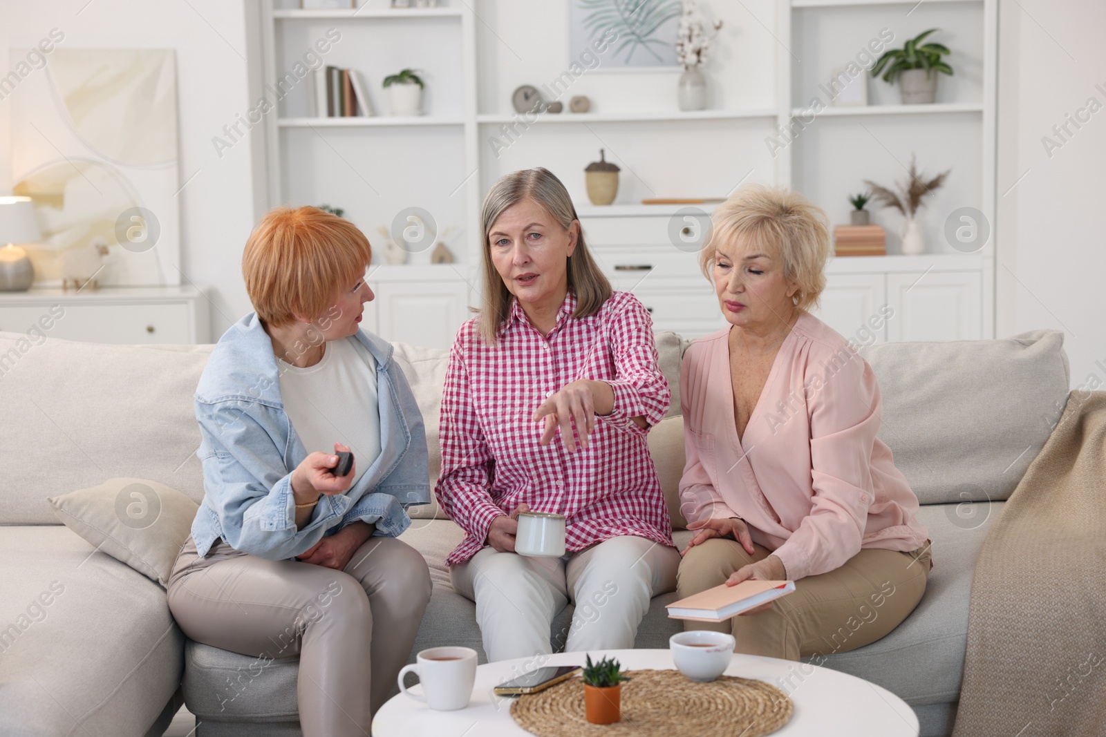 Photo of Friendship. Senior women watching tv on sofa at home