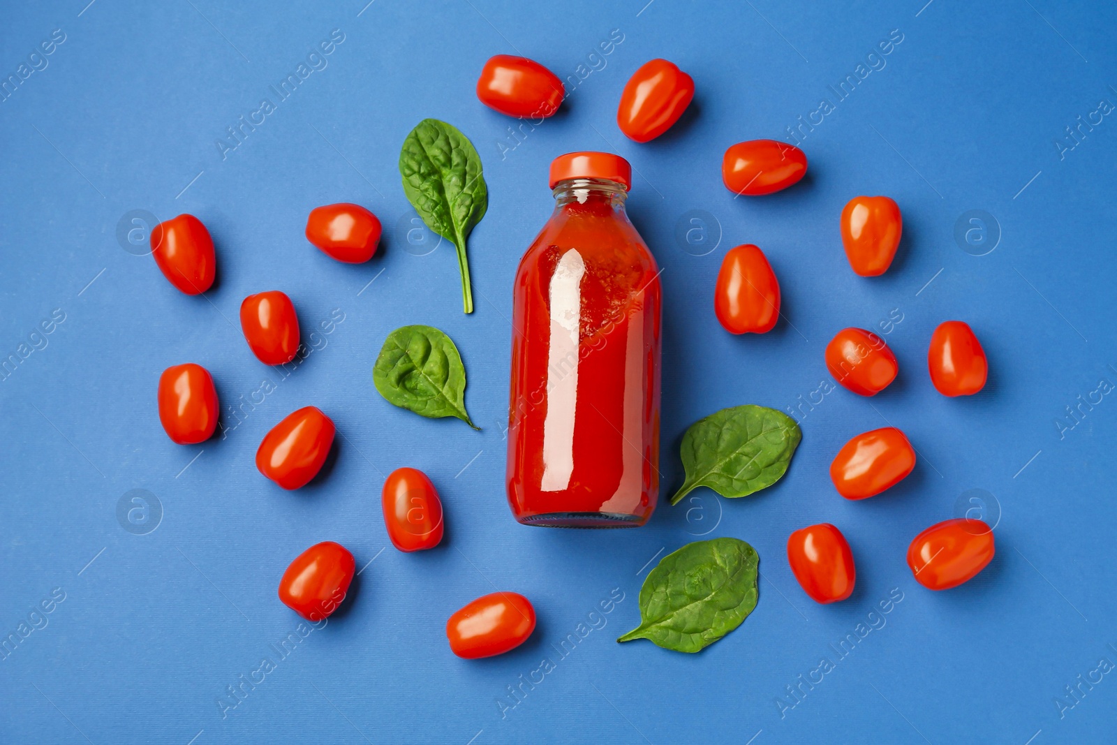 Photo of Tasty ketchup in bottle, tomatoes and basil on blue background, flat lay