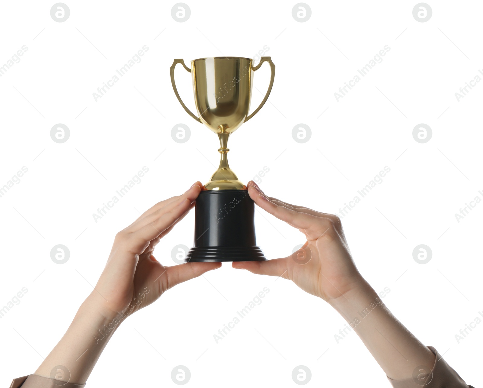 Photo of Woman with golden trophy cup on white background, closeup