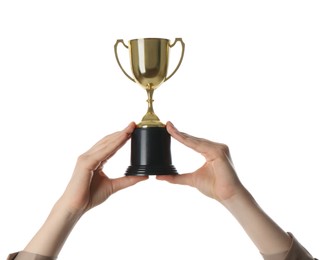 Photo of Woman with golden trophy cup on white background, closeup