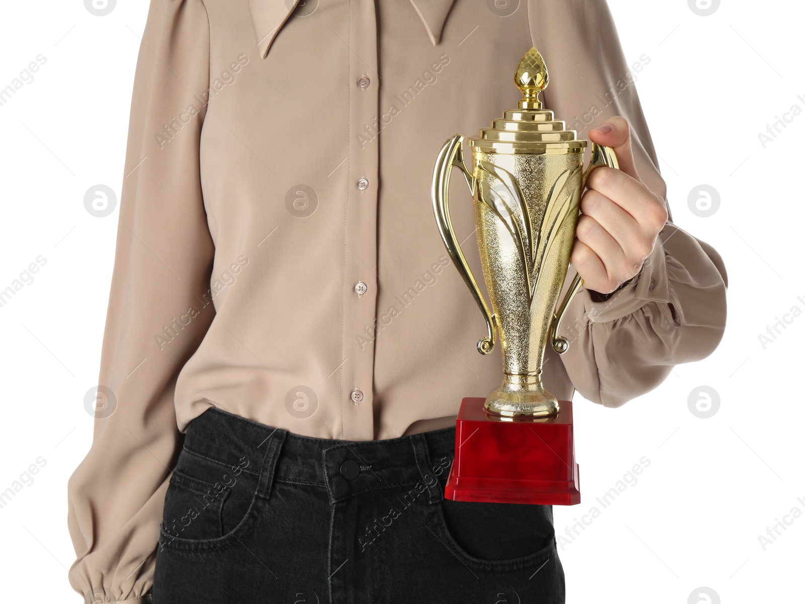 Photo of Woman with golden trophy cup on white background, closeup