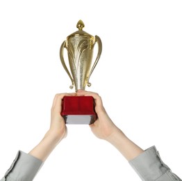 Photo of Woman with golden trophy cup on white background, closeup