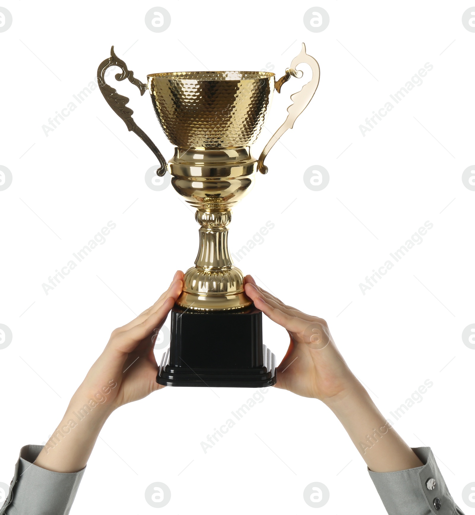 Photo of Woman with golden trophy cup on white background, closeup