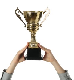 Photo of Woman with golden trophy cup on white background, closeup