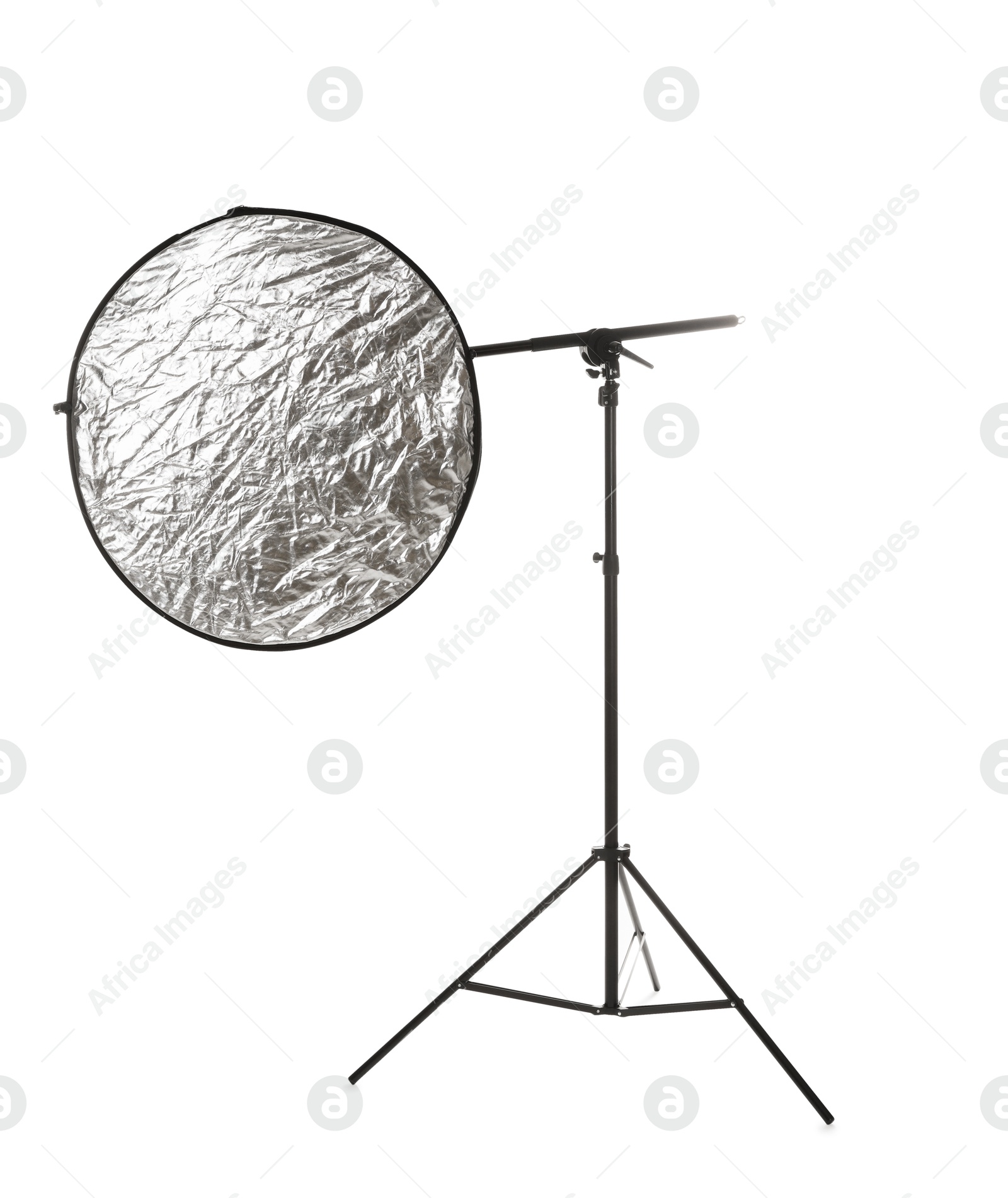 Photo of Stand with light reflector isolated on white. Photo studio equipment