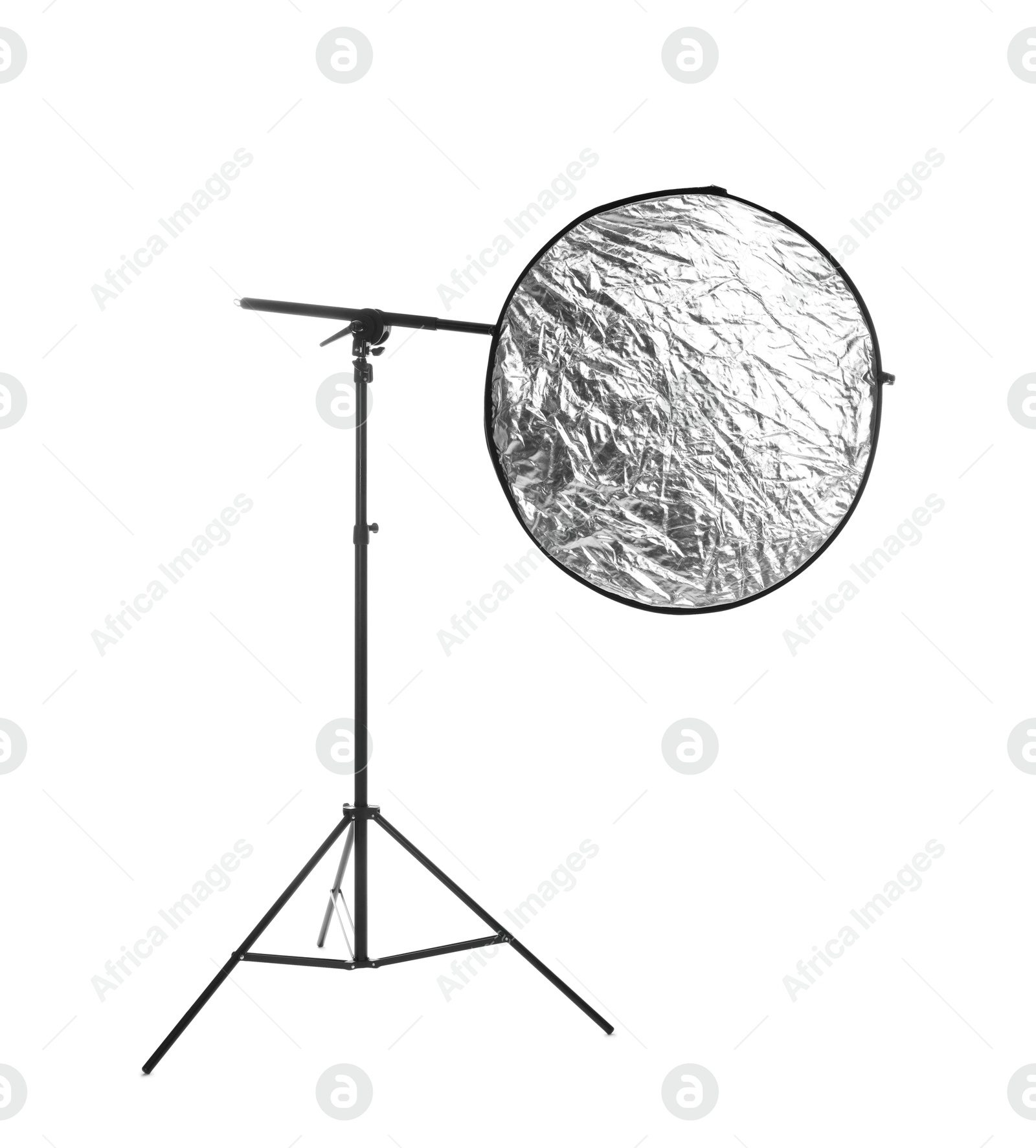 Photo of Stand with light reflector isolated on white. Photo studio equipment