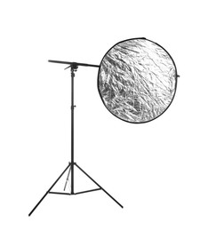 Photo of Stand with light reflector isolated on white. Photo studio equipment