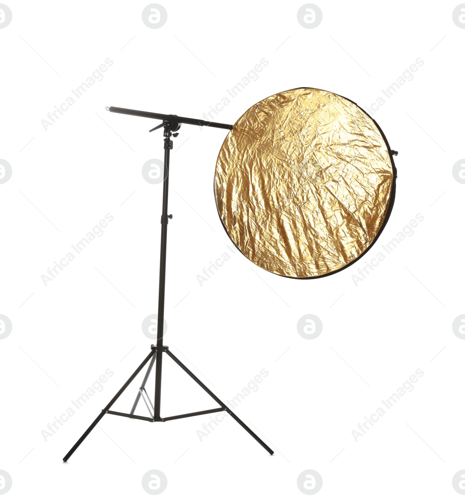 Photo of Stand with light reflector isolated on white. Photo studio equipment