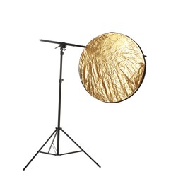 Photo of Stand with light reflector isolated on white. Photo studio equipment