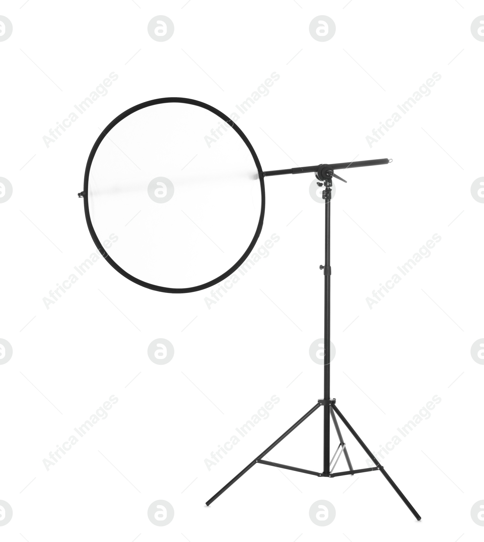 Photo of Stand with light reflector isolated on white. Photo studio equipment