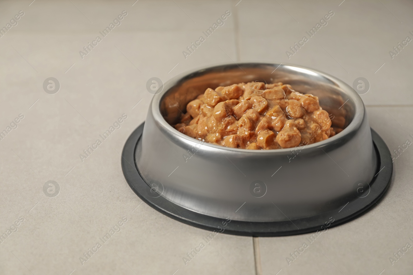 Photo of Wet pet food in feeding bowl on floor, space for text