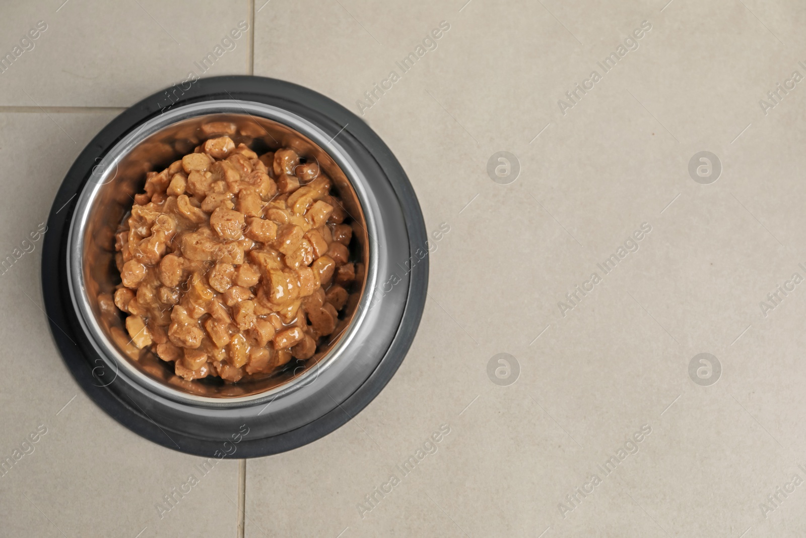 Photo of Wet pet food in feeding bowl on floor, top view. Space for text