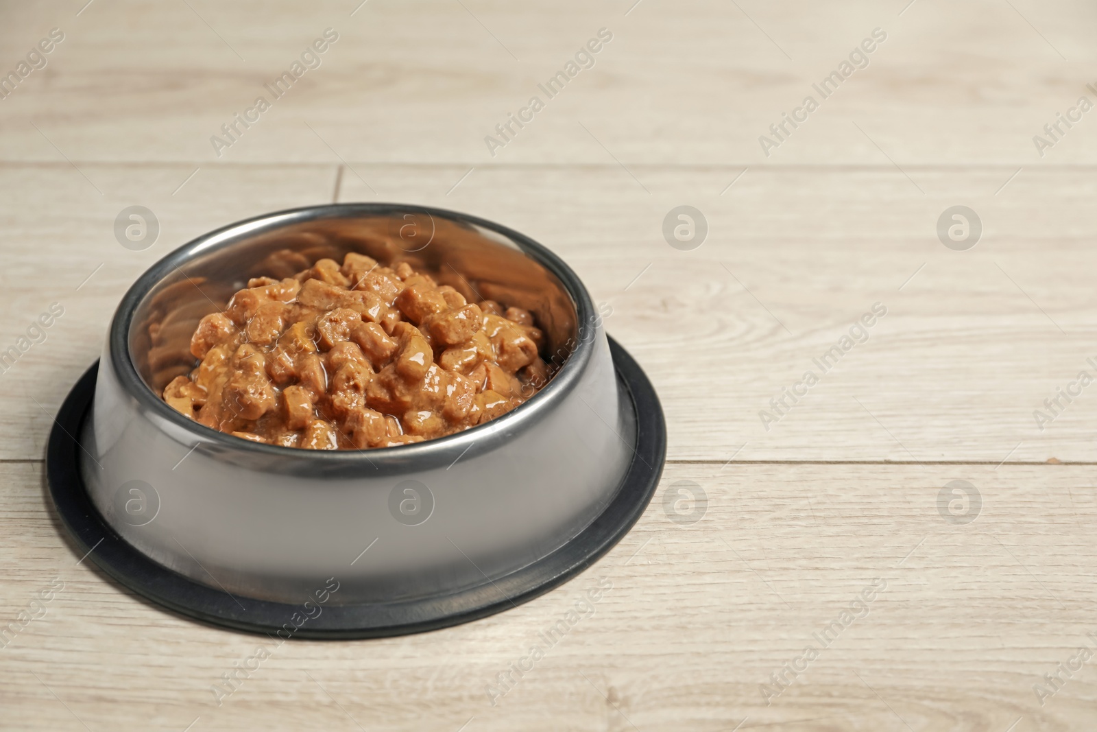 Photo of Wet pet food in feeding bowl on floor, space for text