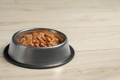 Photo of Wet pet food in feeding bowl on floor, space for text