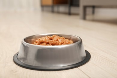 Photo of Wet pet food in feeding bowl on floor indoors