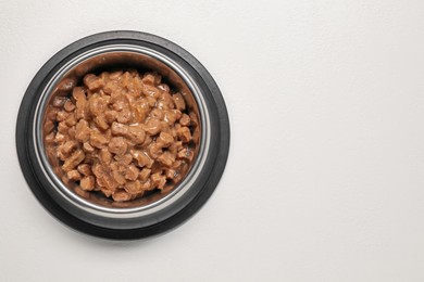 Photo of Wet pet food in feeding bowl on white background, top view Space for text