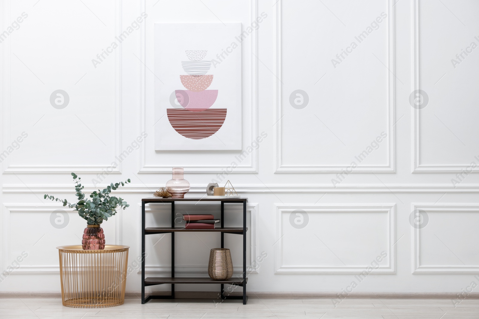 Photo of Console table with decor near white wall in room, space for text. Interior design