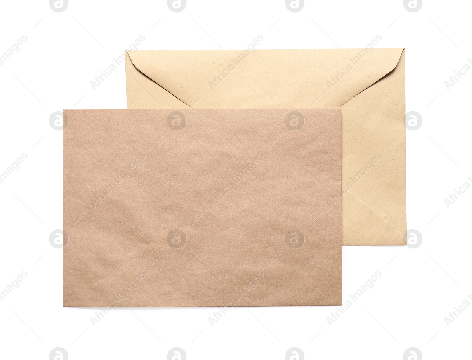 Photo of Envelopes isolated on white, top view. Mockup for design