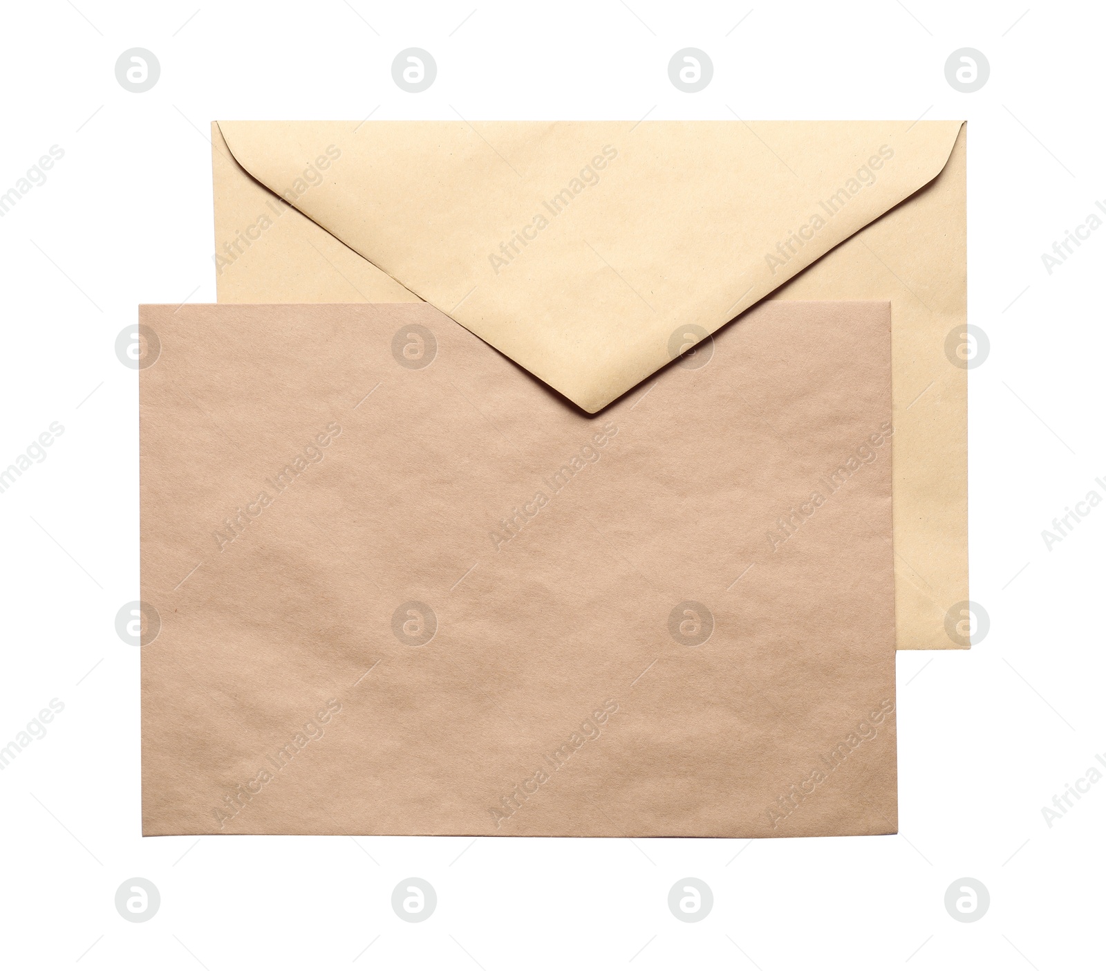 Photo of Envelopes isolated on white, top view. Mockup for design