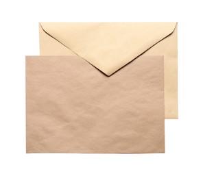 Photo of Envelopes isolated on white, top view. Mockup for design