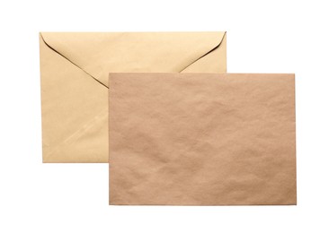 Photo of Envelopes isolated on white, top view. Mockup for design