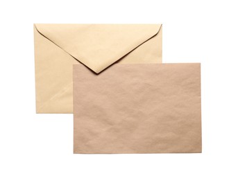 Photo of Envelopes isolated on white, top view. Mockup for design