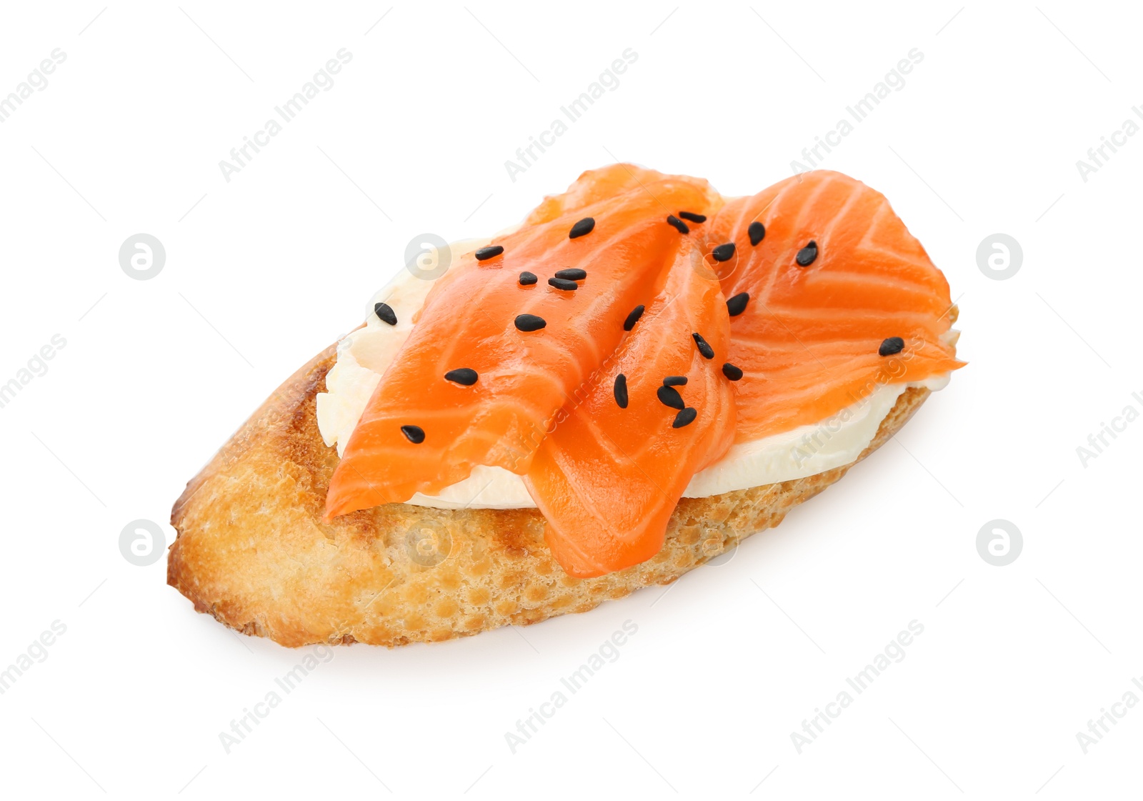 Photo of Delicious bruschetta with cream cheese and salmon isolated on white