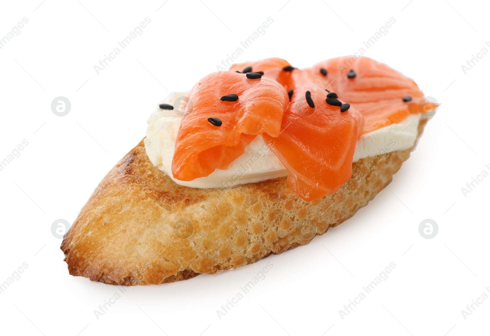 Photo of Delicious bruschetta with cream cheese and salmon isolated on white