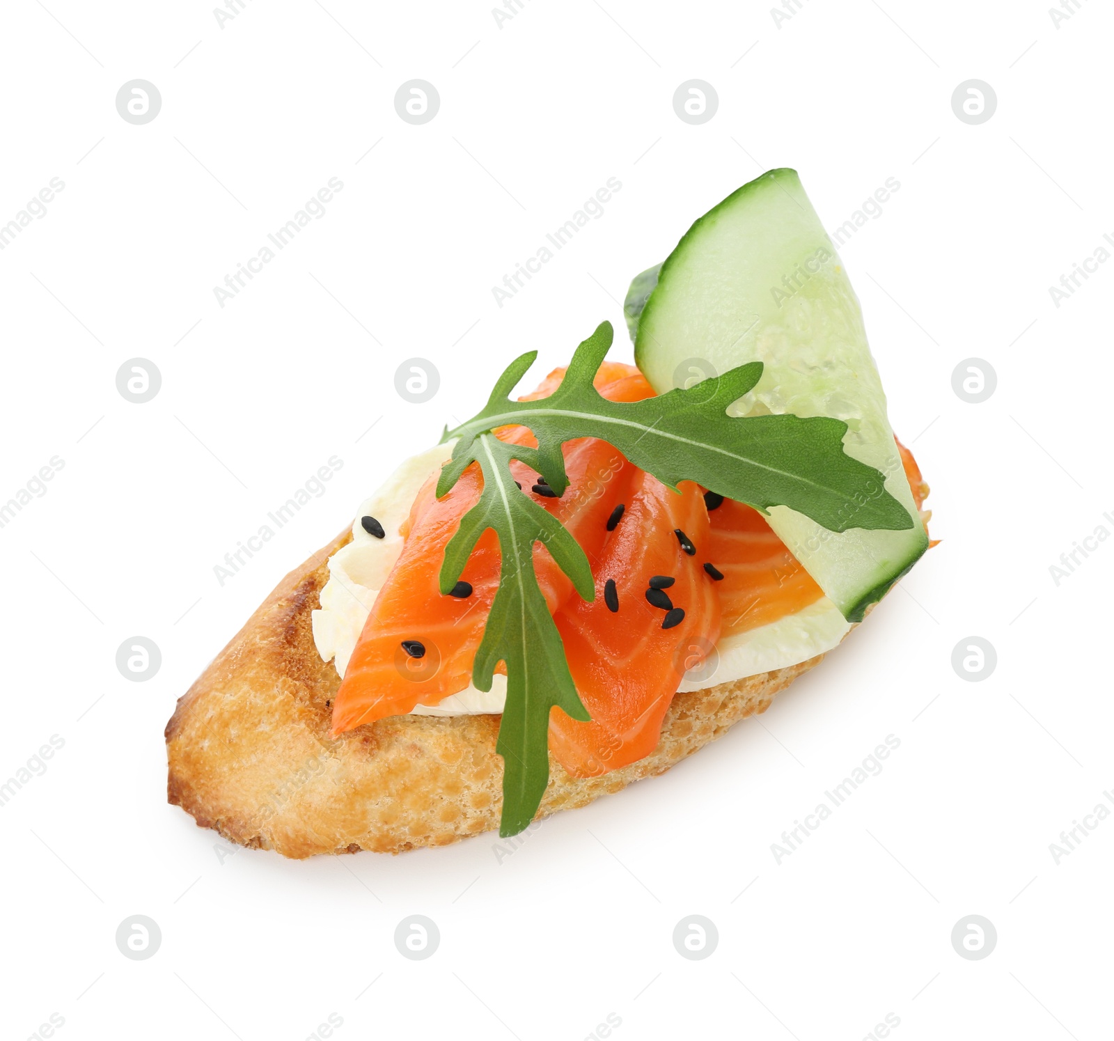 Photo of Delicious bruschetta with cream cheese, salmon and cucumber isolated on white