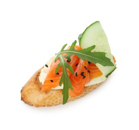 Photo of Delicious bruschetta with cream cheese, salmon and cucumber isolated on white