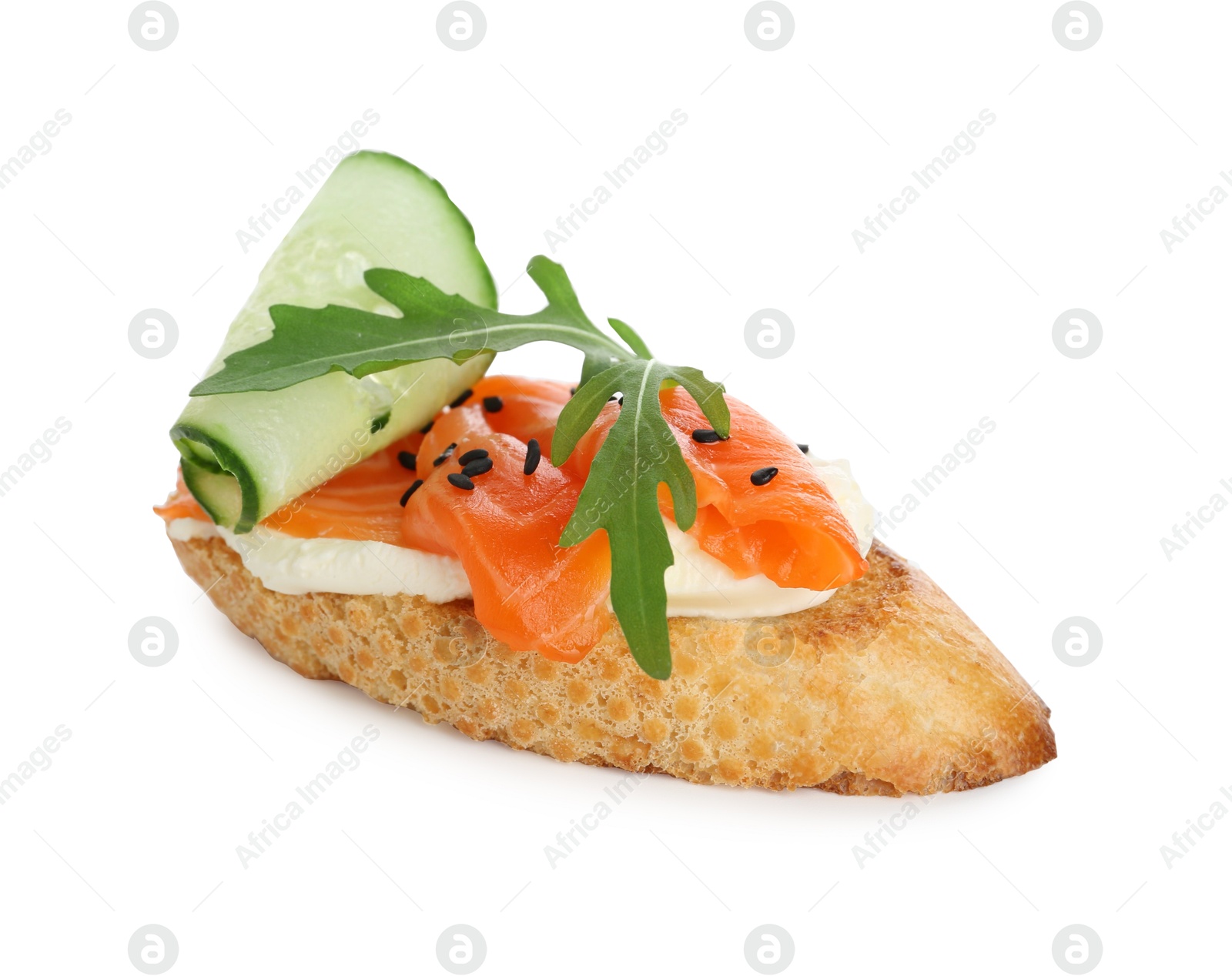 Photo of Delicious bruschetta with cream cheese, salmon and cucumber isolated on white