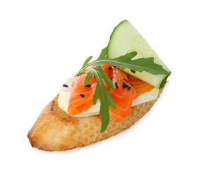 Photo of Delicious bruschetta with cream cheese, salmon and cucumber isolated on white