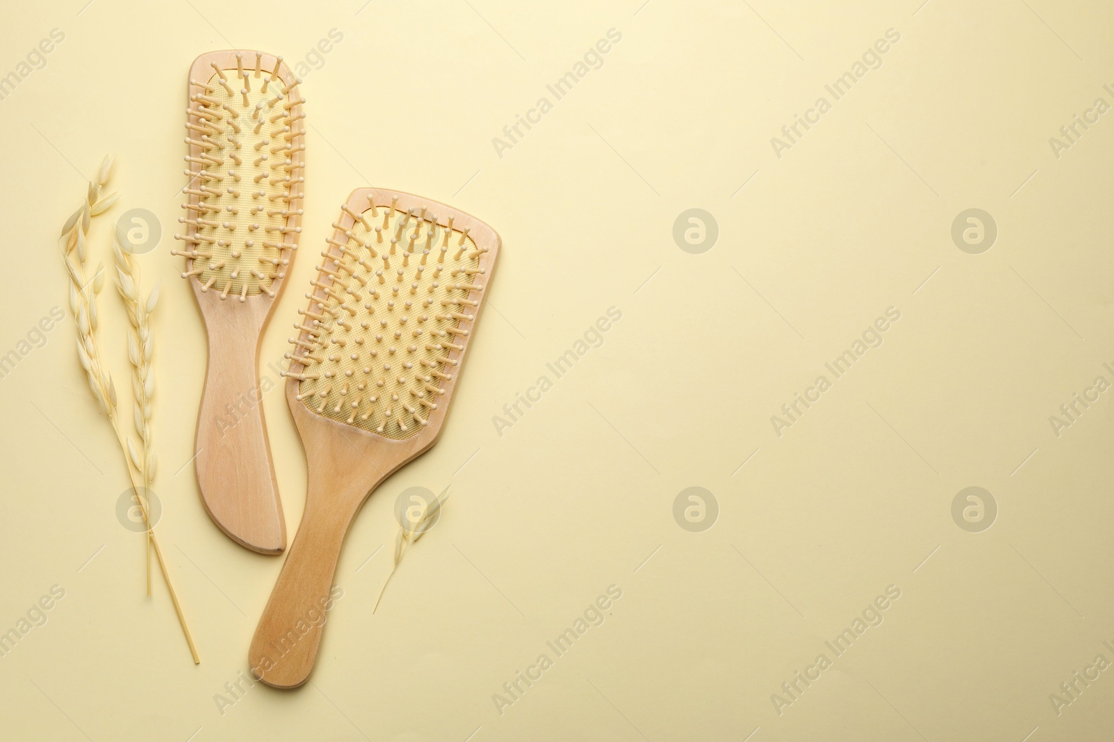 Photo of Wooden hair brushes and spikes on beige background, flat lay. Space for text