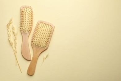 Photo of Wooden hair brushes and spikes on beige background, flat lay. Space for text