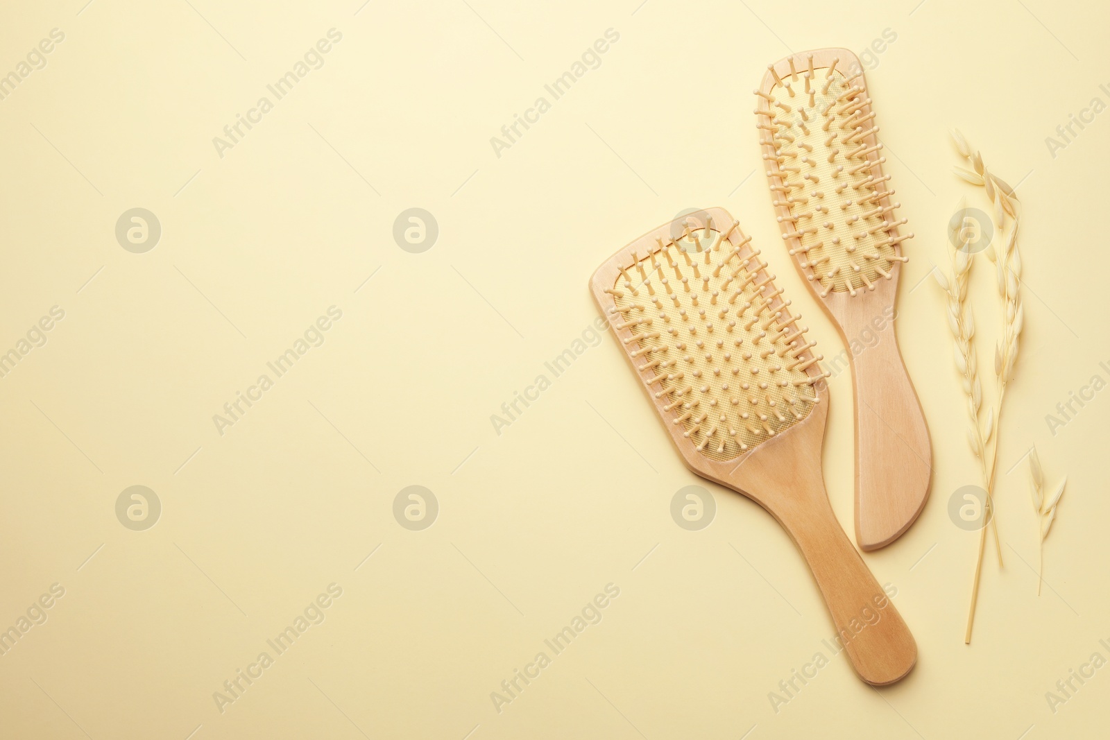 Photo of Wooden hair brushes and spikes on beige background, flat lay. Space for text