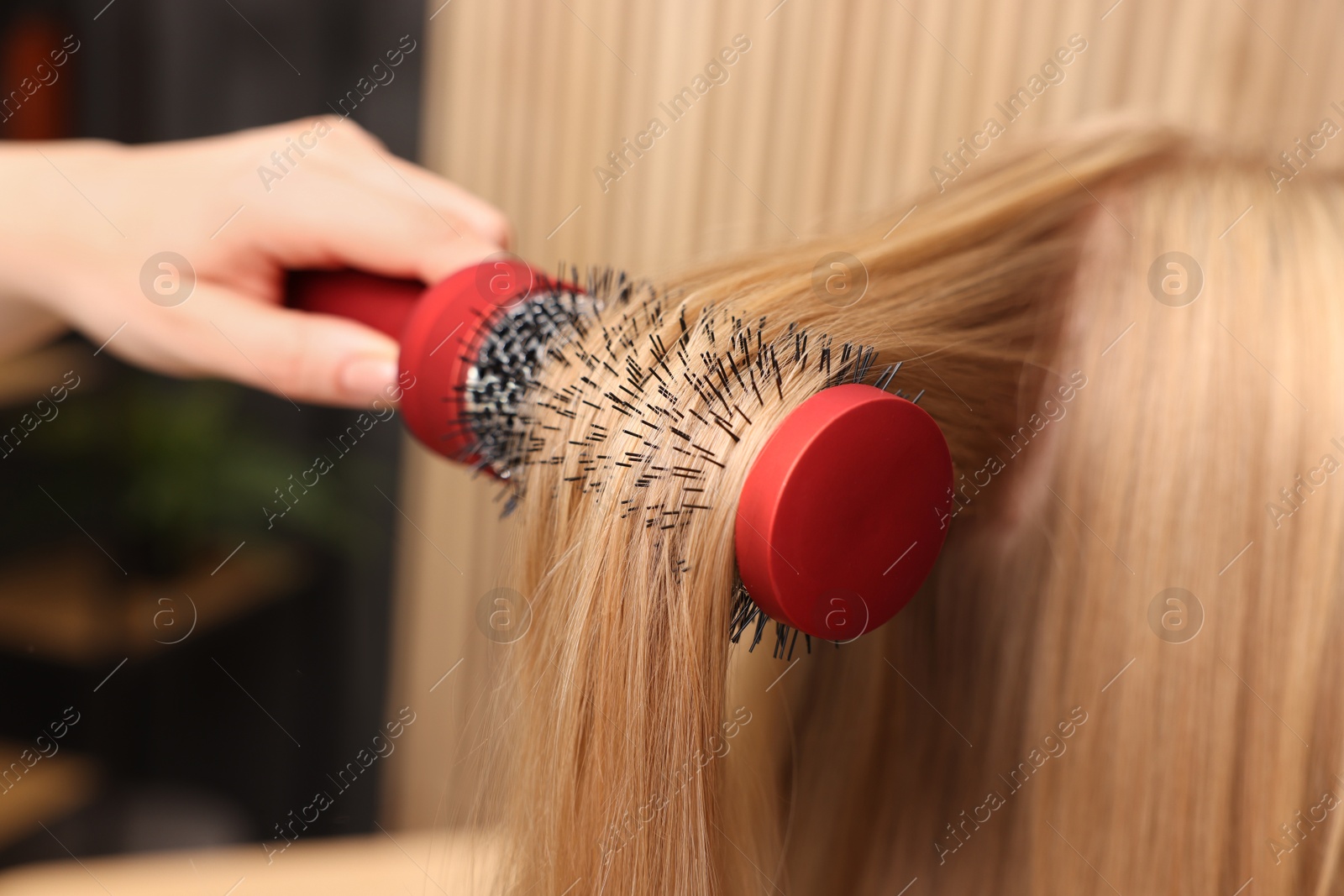 Photo of Hairdresser styling client's hair with round brush in salon, closeup