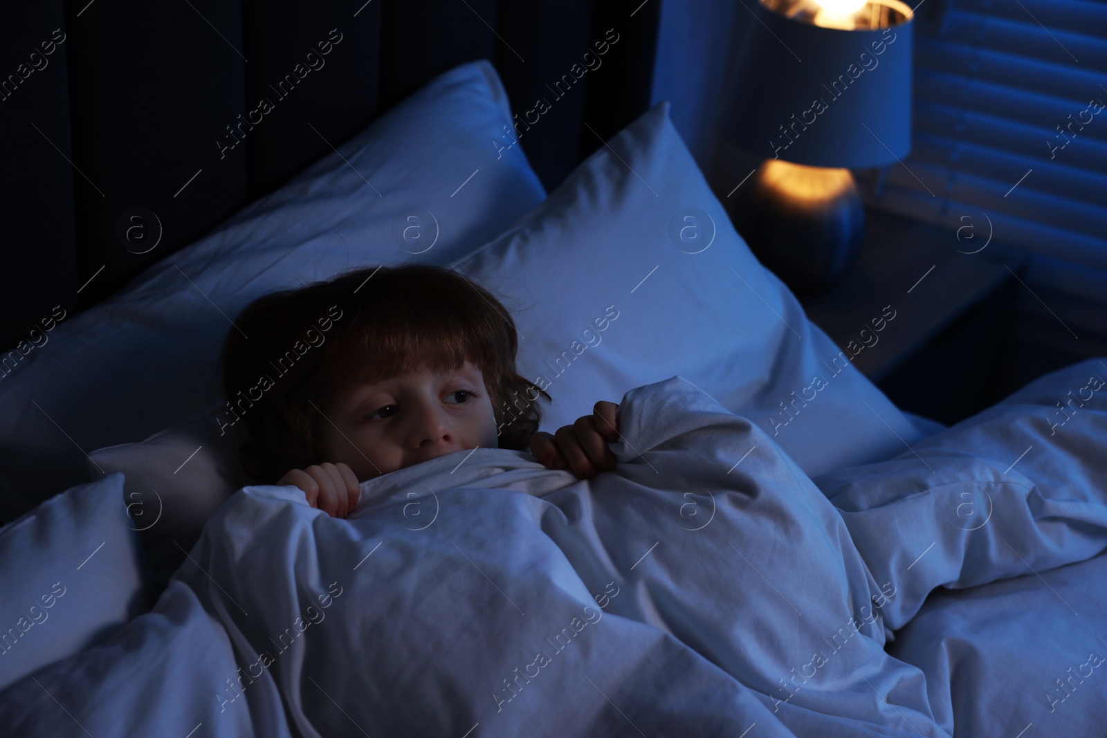 Photo of Scared boy hiding under duvet in bed at night