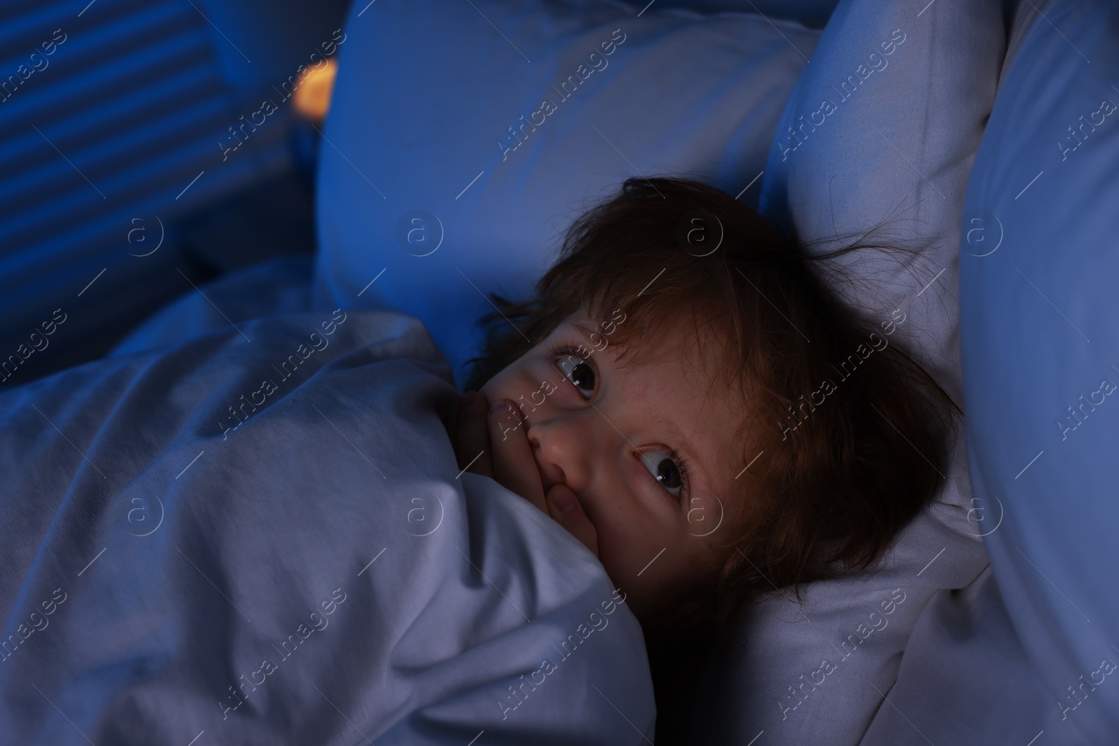 Photo of Scared boy hiding under duvet in bed at night