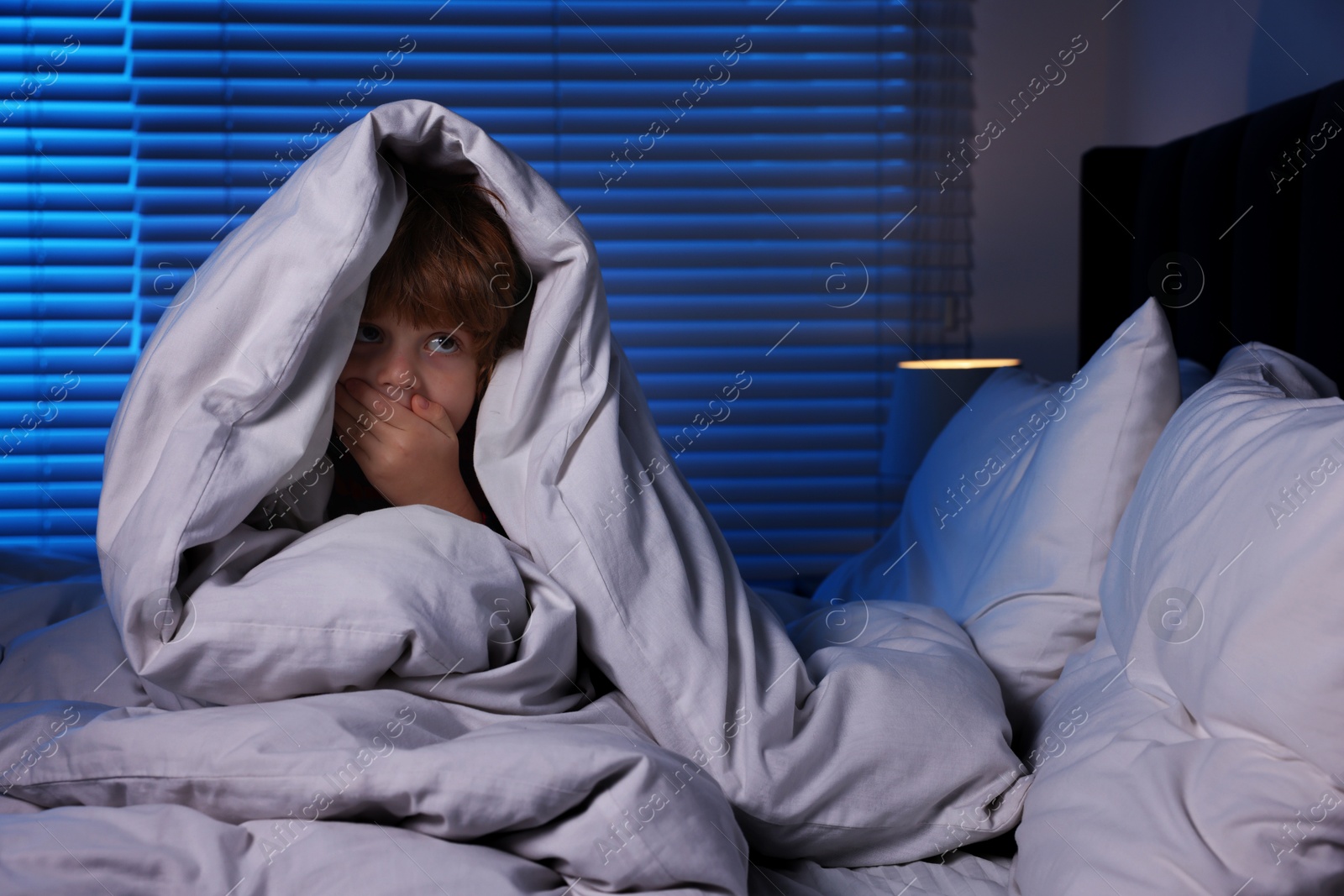 Photo of Scared boy hiding under duvet in bed at night