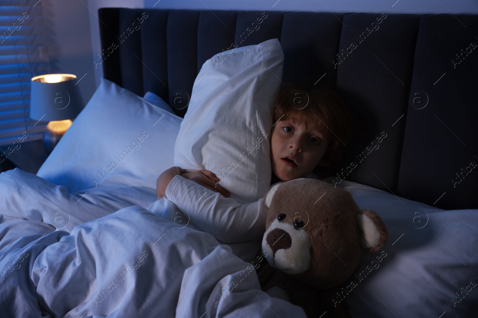 Photo of Scared boy with teddy bear in bed at night