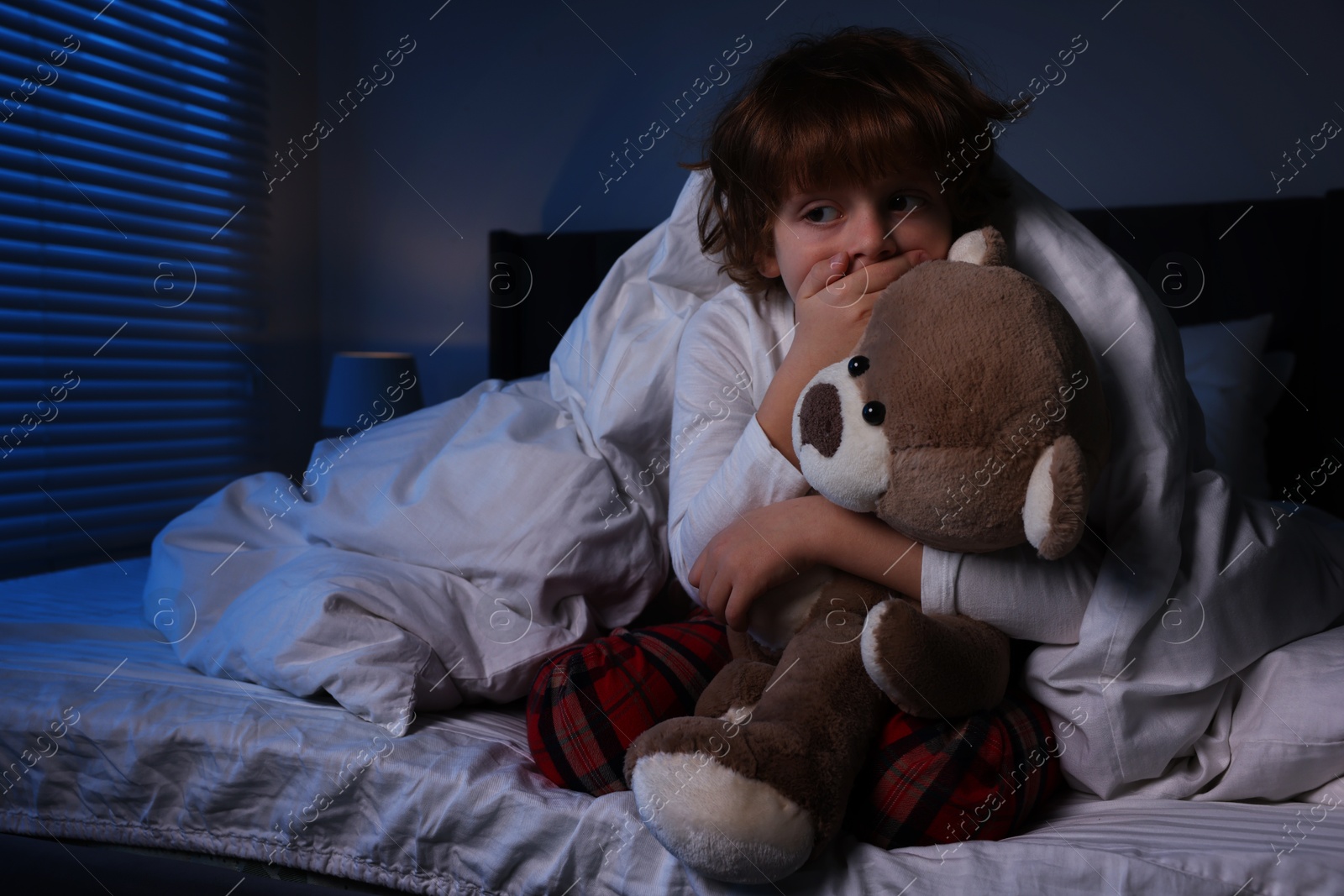 Photo of Scared boy with teddy bear in bed at night. Space for text