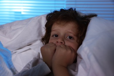 Photo of Scared boy under duvet in bed at night