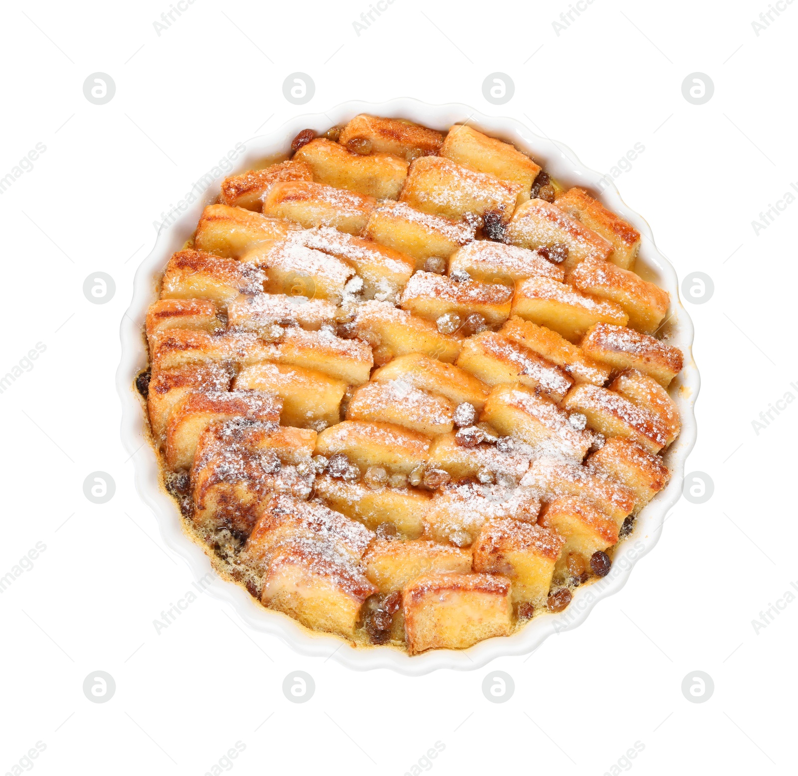 Photo of Delicious bread pudding with raisins and powdered sugar isolated on white, top view